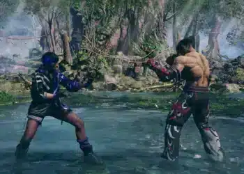 Una escena modificada de Tekken 8 que presenta a dos luchadores en una arena de bosque exuberante y detallada, destacando aspectos de personajes personalizados y modificaciones ambientales vibrantes.