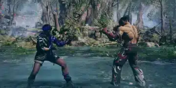 A modded Tekken 8 scene featuring two fighters in a detailed, lush forest arena, highlighting custom character skins and vibrant environmental modifications.