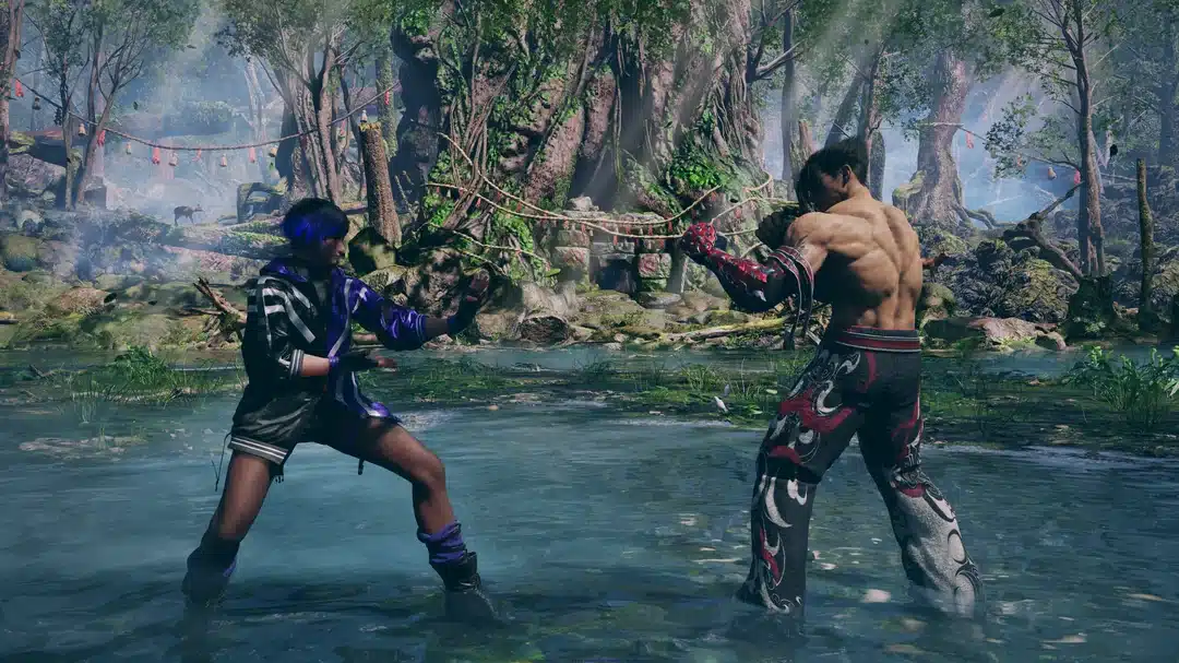 A modded Tekken 8 scene featuring two fighters in a detailed, lush forest arena, highlighting custom character skins and vibrant environmental modifications.
