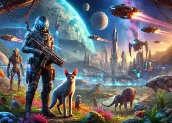 Un paisaje alienígena futurista con una flora vibrante, diversas especies alienígenas y una ciudad de alta tecnología. En primer plano hay una figura con armadura y un compañero alienígena.