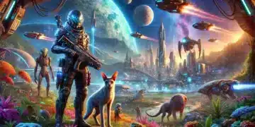 A futuristic alien landscape with vibrant flora, diverse alien species, and a high-tech city. An armored figure and an alien companion stand in the foreground.