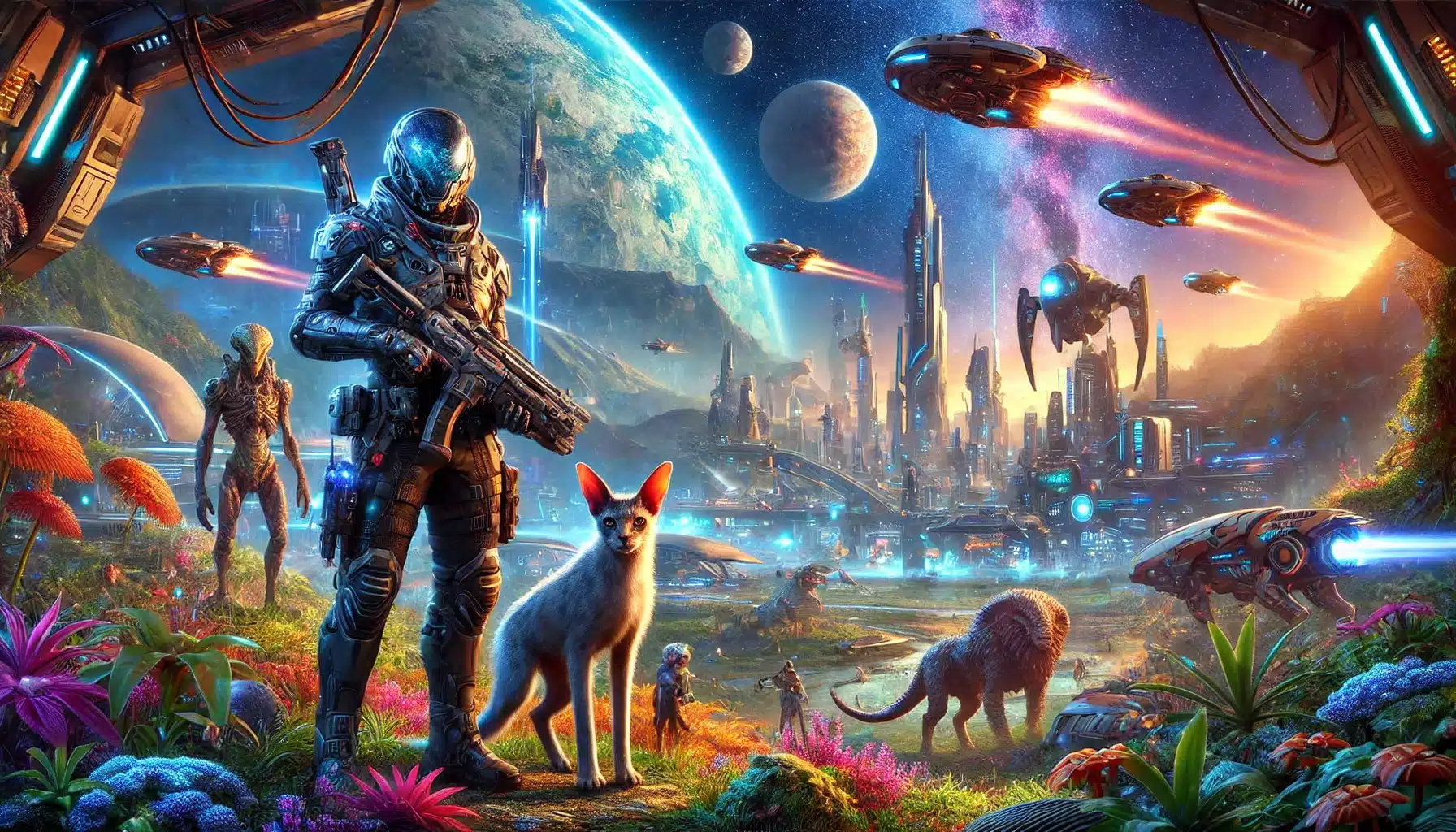 A futuristic alien landscape with vibrant flora, diverse alien species, and a high-tech city. An armored figure and an alien companion stand in the foreground.