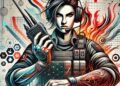 Uma ilustração digital dinâmica de uma guerreira feroz de Free Fire, com cabelo escuro curto, equipamento tático e um fundo vibrante e abstrato com chamas e formas geométricas. A imagem realça o significado dos nomes de mulheres nos jogos.