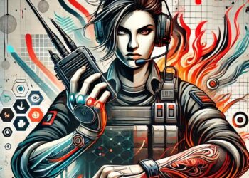 Uma ilustração digital dinâmica de uma guerreira feroz de Free Fire, com cabelo escuro curto, equipamento tático e um fundo vibrante e abstrato com chamas e formas geométricas. A imagem realça o significado dos nomes de mulheres nos jogos.