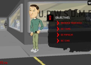 Un personaje musculoso haciendo flexiones en un gimnasio, rodeado de equipos de entrenamiento y carteles motivadores, que representan el tema del humor y el fitness de Douchebag Workout 2.