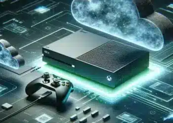 La imagen muestra una consola Xbox y un controlador integrados en un entorno de nube digital, lo que simboliza la conectividad y la tecnología de juegos en la nube.