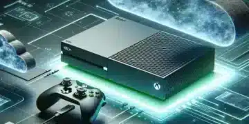 A imagem mostra um console e um controlador Xbox integrados em um ambiente de nuvem digital, simbolizando a tecnologia e a conectividade de jogos em nuvem.