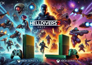 Exciting depiction of Helldivers 2 for Xbox Series X and Series S, featuring futuristic soldiers, alien creatures, and space environments with the Helldivers 2 logo prominently displayed.