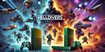 Representação emocionante de Helldivers 2 para a Xbox Series X e Series S, com soldados futuristas, criaturas alienígenas e ambientes espaciais com o logótipo Helldivers 2 em destaque.