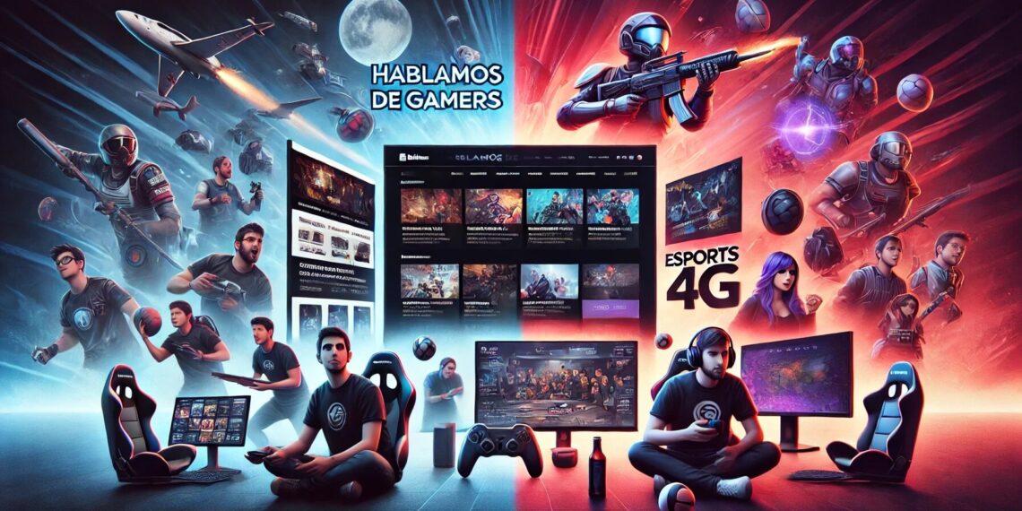 A realistic image displaying two websites: HablamosdeGamers.com on the left with a sleek gaming news portal in cool blues and whites, and Esports4G.com on the right, highlighting a dynamic esports scene in bold, intense colors.