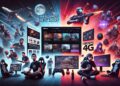 A realistic image displaying two websites: HablamosdeGamers.com on the left with a sleek gaming news portal in cool blues and whites, and Esports4G.com on the right, highlighting a dynamic esports scene in bold, intense colors.