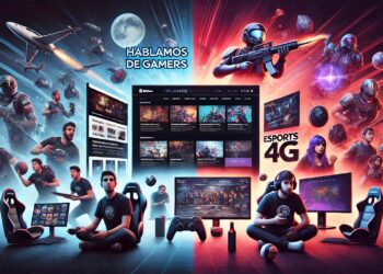 A realistic image displaying two websites: HablamosdeGamers.com on the left with a sleek gaming news portal in cool blues and whites, and Esports4G.com on the right, highlighting a dynamic esports scene in bold, intense colors.
