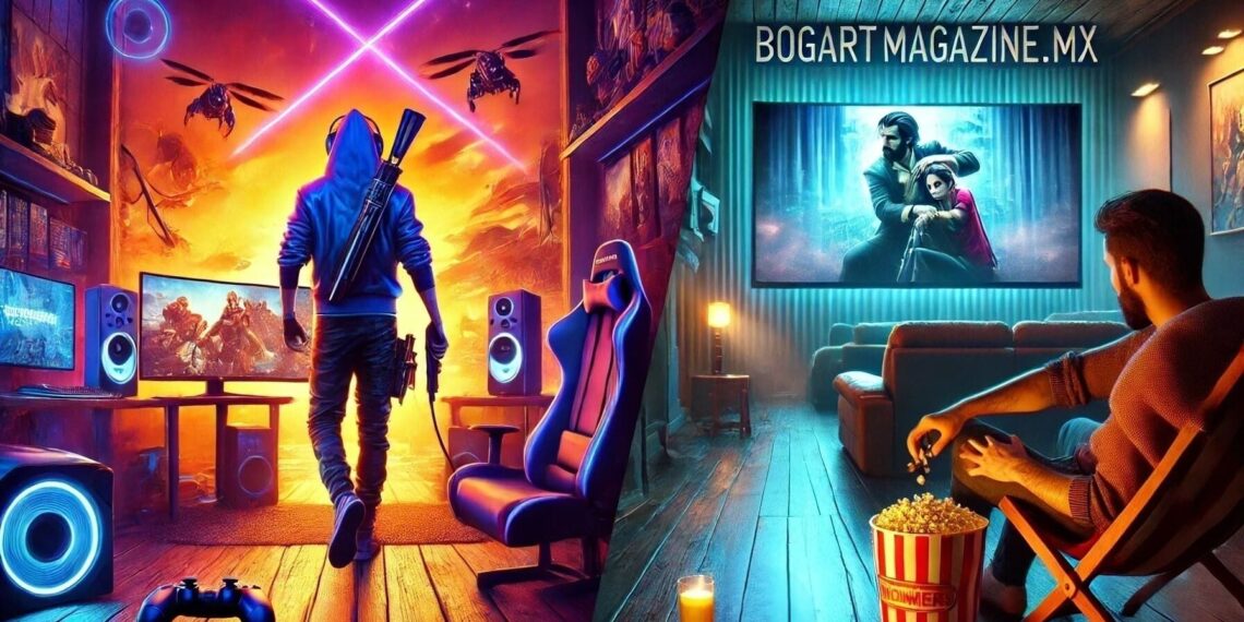 Una imagen dinámica que muestra a un gamer tomando un descanso entre batallas para ver una película en BogartMagazine.mx. A la izquierda se ve un setup de gaming, y a la derecha un ambiente acogedor para ver películas, combinando ambos mundos de manera armoniosa.