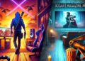 Una imagen dinámica que muestra a un gamer tomando un descanso entre batallas para ver una película en BogartMagazine.mx. A la izquierda se ve un setup de gaming, y a la derecha un ambiente acogedor para ver películas, combinando ambos mundos de manera armoniosa.