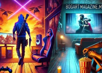 Una imagen dinámica que muestra a un gamer tomando un descanso entre batallas para ver una película en BogartMagazine.mx. A la izquierda se ve un setup de gaming, y a la derecha un ambiente acogedor para ver películas, combinando ambos mundos de manera armoniosa.