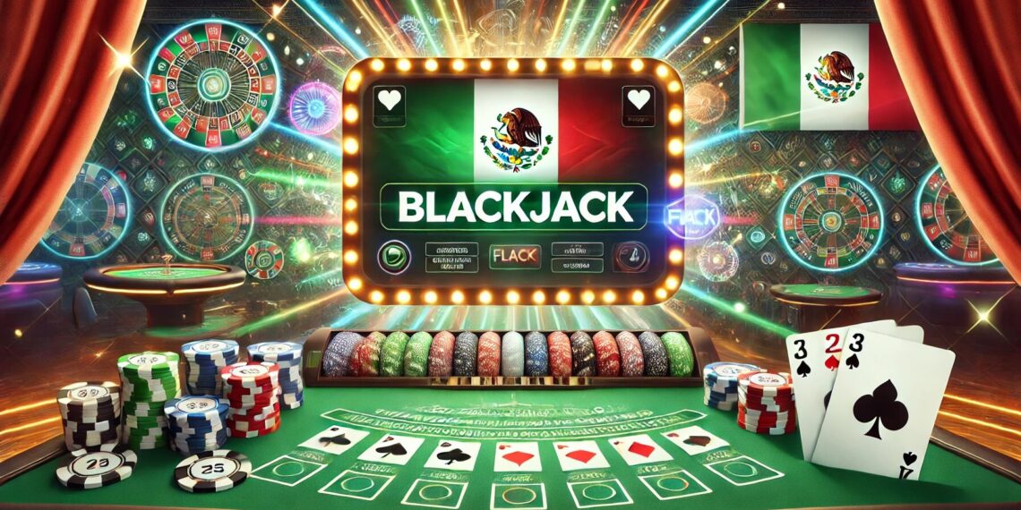 Imagen de una mesa de blackjack en línea con cartas y fichas, reflejando el blackjack online en México. Un ambiente festivo y lujoso muestra la emoción de jugar al blackjack en un casino en línea.