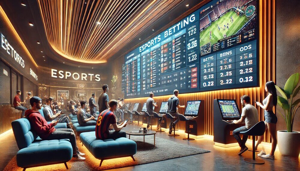 Modern eSports betting lounge with viewers checking odds on screens and mobile devices, large display shows live game stats and odds.