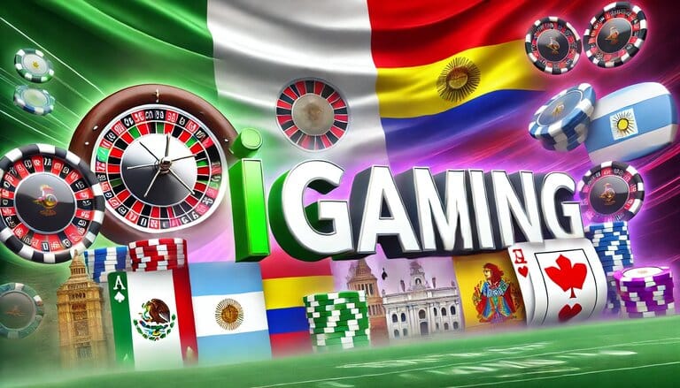 Imagen vibrante y dinámica de iGaming que muestra monumentos emblemáticos de México, Argentina, Chile, España y Colombia. Se destacan elementos de juego como ruletas, cartas de póker y fichas de casino, simbolizando los mejores casinos online y la experiencia de casino online. Las banderas de estos países están presentes, reflejando la diversidad de las mejores casas de apuestas en estas regiones.