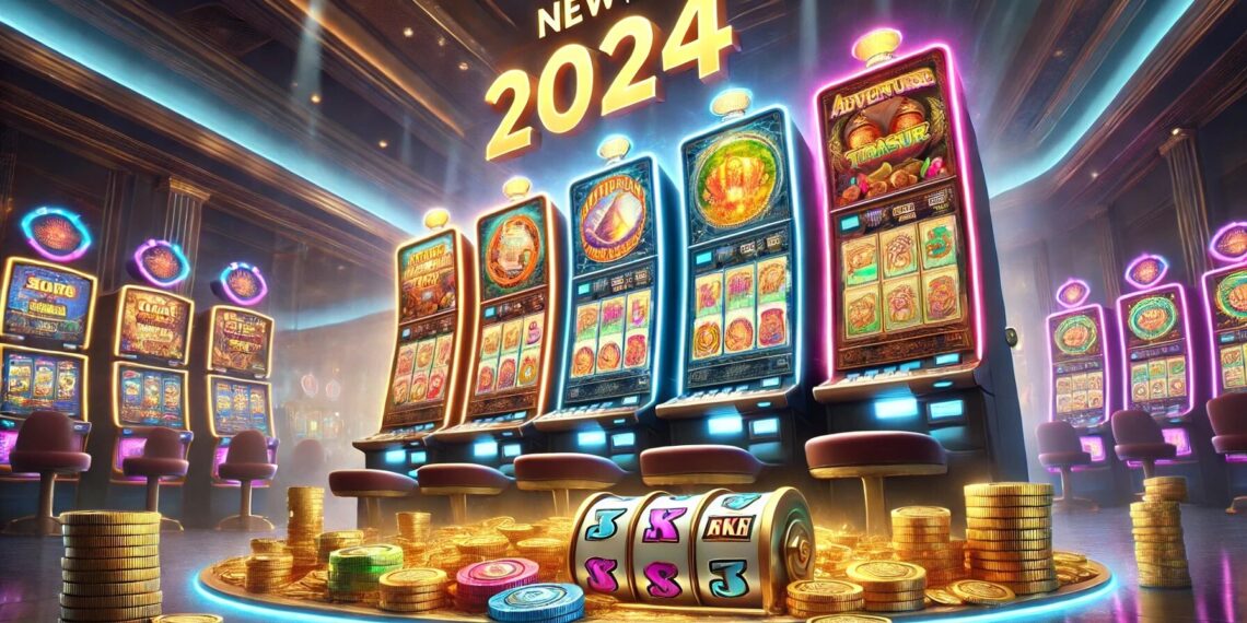 Imagen realista de nuevos juegos de tragamonedas para 2024 en un vibrante entorno de casino, con máquinas coloridas y pilas de monedas.