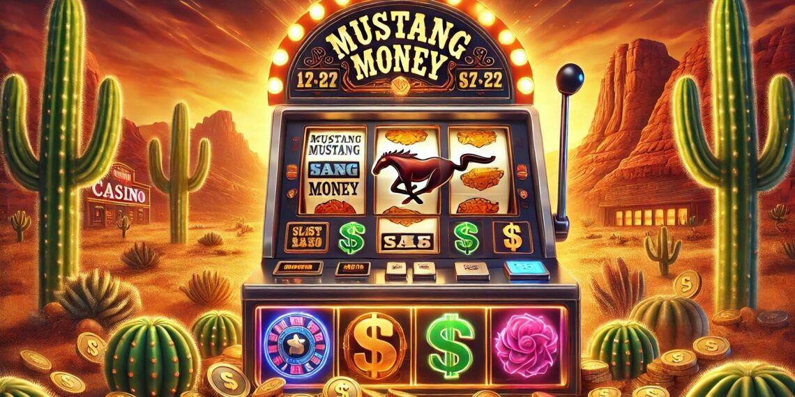 A vibrant casino-themed image featuring a Wild West-inspired slot machine decorated with symbols like a mustang horse, dollar signs, gold bars, and cacti. The background showcases a desert sunset.