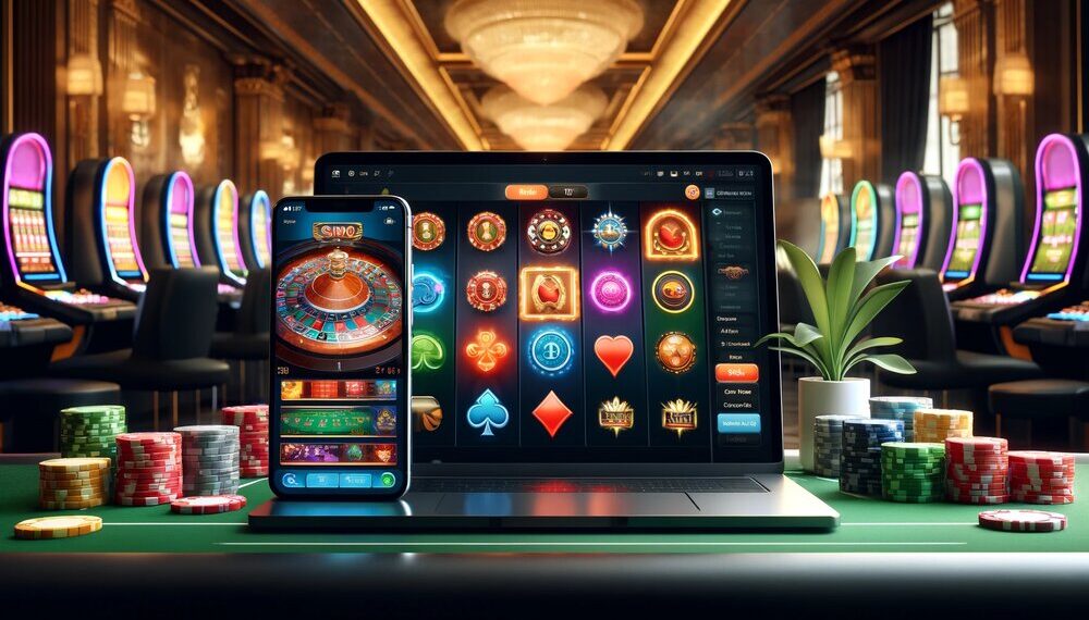 Interfaz de casino en línea mostrando juegos en vivo de ruleta y tragamonedas en pantallas de móvil y laptop, rodeada de fichas y máquinas tragamonedas.