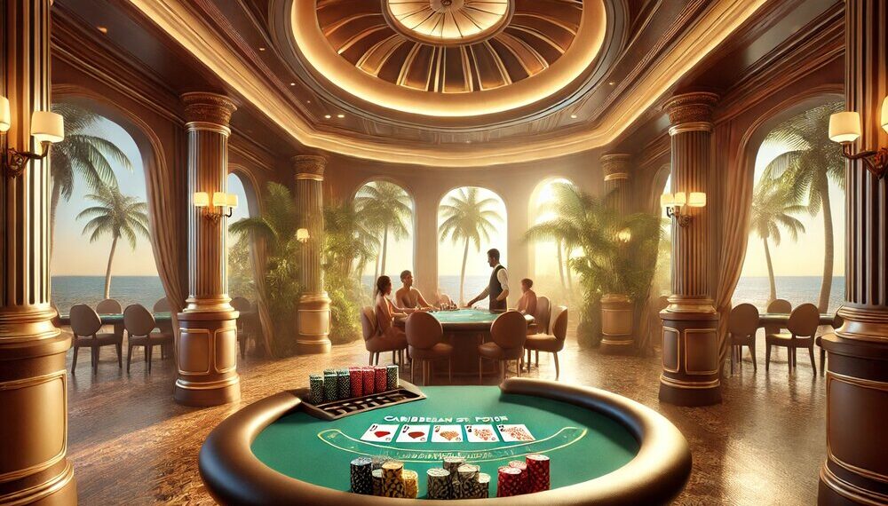 Elegante partida de Caribbean Stud Poker en un entorno de casino tropical con mesa de póker, fichas y palmeras, capturando el ambiente caribeño.