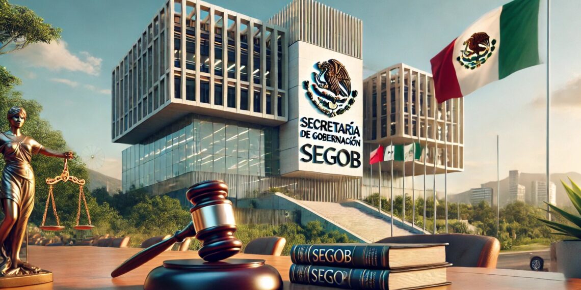 Imagen de la Secretaría de Gobernación (SEGOB) en México, con su logo, balanzas, un mazo de juez y banderas mexicanas.