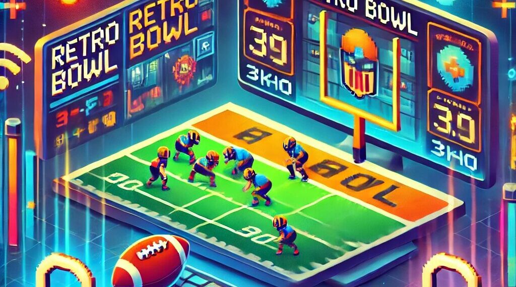 Colorful illustration of Retro Bowl on 3kho, showcasing 8-bit football gameplay with unblocked access symbols and retro aesthetics.