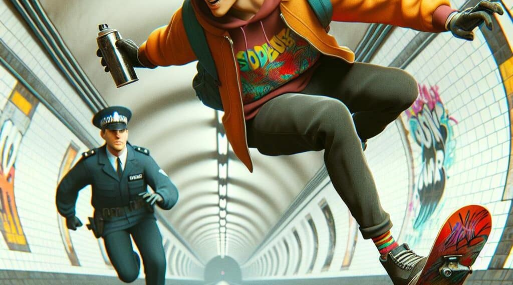 A dynamic scene from Subway Surfers Unblocked Games showing a skateboarder escaping in a graffiti-covered subway tunnel, chased by a police officer.