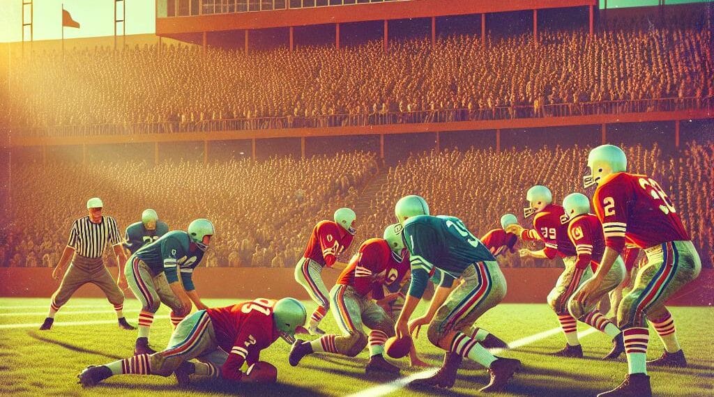 A retro football unblocked games 77 scene showing vintage players on a brightly lit field with a packed stadium and nostalgic ambiance.