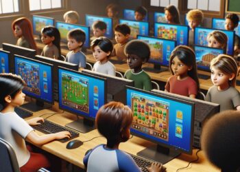 Students in an unblocked games classroom 6x setup, playing colorful games on rows of computers, fostering unrestricted fun.