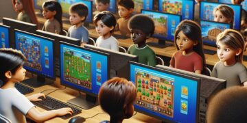 Students in an unblocked games classroom 6x setup, playing colorful games on rows of computers, fostering unrestricted fun.