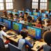 Students in an unblocked games classroom 6x setup, playing colorful games on rows of computers, fostering unrestricted fun.