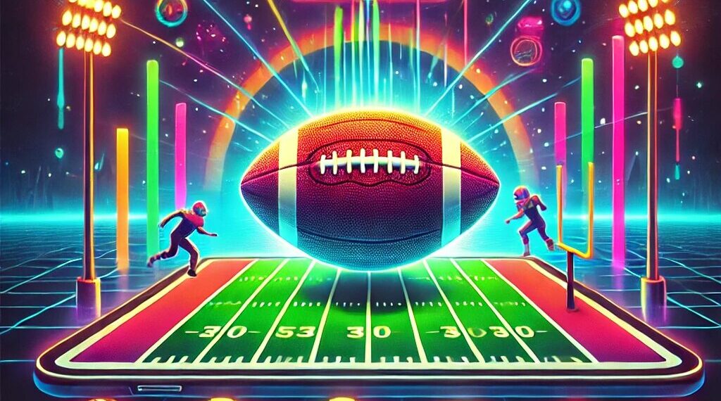 A vibrant depiction of Retro Bowl Mod APK featuring a glowing football, neon-lit field, custom player options, and unlimited resources.