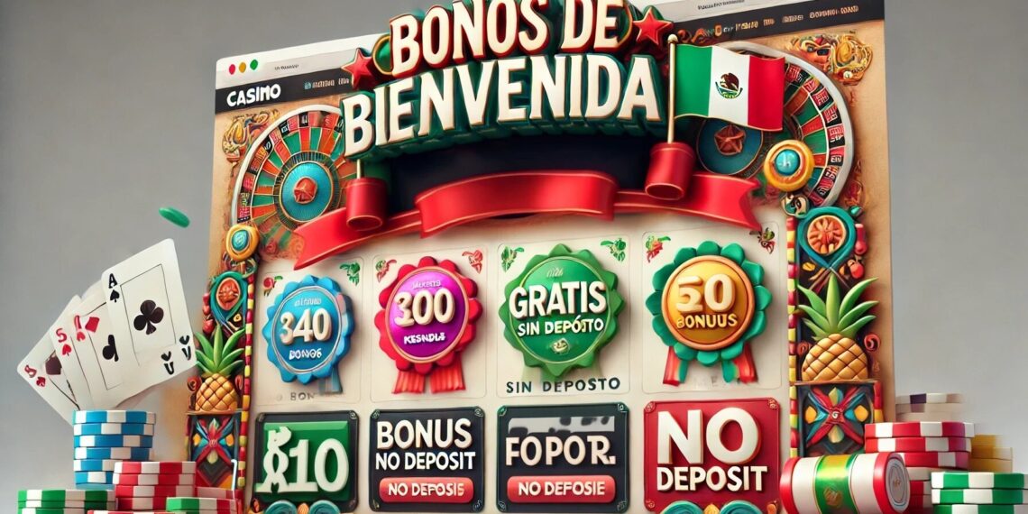 Página de bonos de casino en línea colorida para México, destacando 'Bonos de Bienvenida Gratis sin Depósito' con banners e íconos vibrantes.