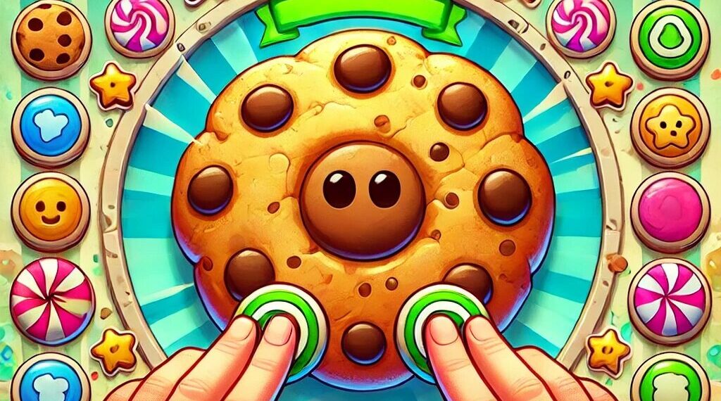 A vibrant cookie clicker unblocked games scene with a golden cookie, colorful buttons, upgrades, and fun gaming elements.