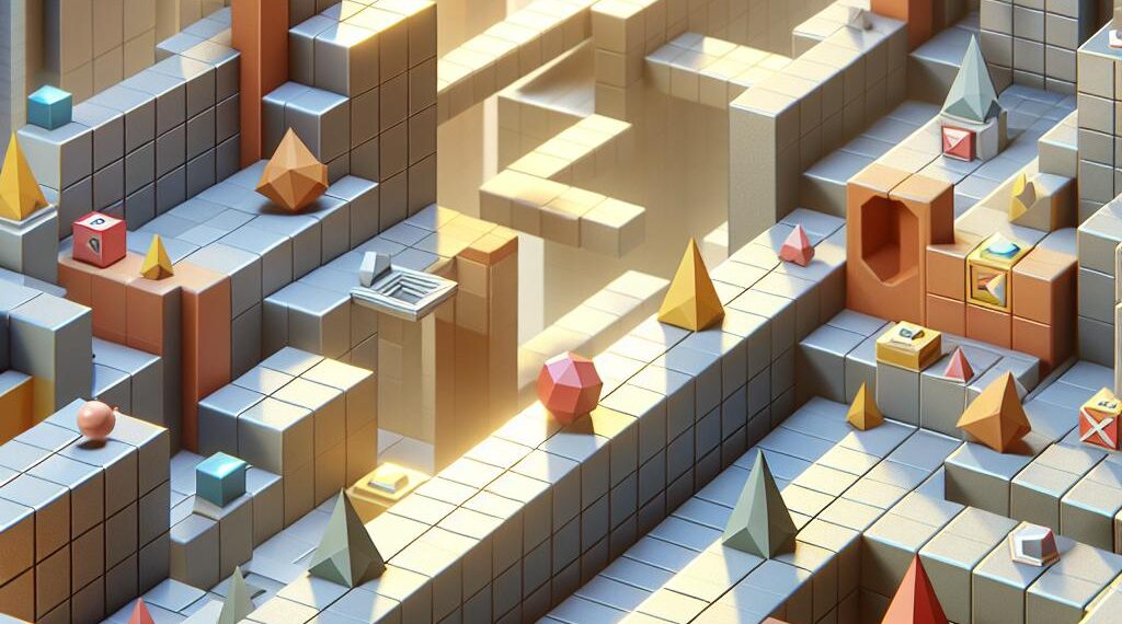 A vibrant 3D maze-like environment with geometric shapes and obstacles, representing the dynamic challenges of Unblocked Games Geometry Dash.
