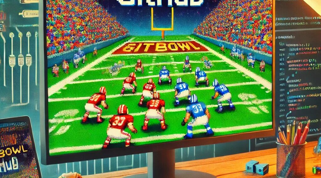A dynamic "Retro Bowl Unblocked GitHub" scene showcasing a pixelated football game on a monitor, framed by vibrant coding visuals.