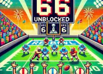 An action-packed "Retro Bowl Unblocked 66" scene with pixelated football players, a bold retro scoreboard, and a lively stadium crowd.