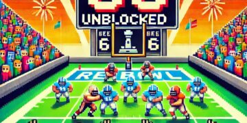 An action-packed "Retro Bowl Unblocked 66" scene with pixelated football players, a bold retro scoreboard, and a lively stadium crowd.