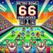 An action-packed "Retro Bowl Unblocked 66" scene with pixelated football players, a bold retro scoreboard, and a lively stadium crowd.