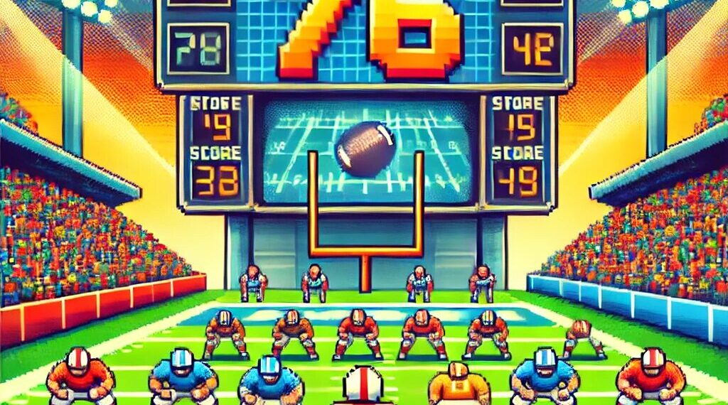 A colorful Retro Bowl Unblocked 76 scene featuring pixelated football players, a vibrant scoreboard, and a cheering stadium crowd.