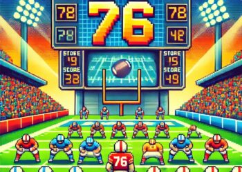 A colorful Retro Bowl Unblocked 76 scene featuring pixelated football players, a vibrant scoreboard, and a cheering stadium crowd.