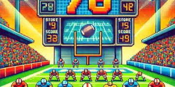 A colorful Retro Bowl Unblocked 76 scene featuring pixelated football players, a vibrant scoreboard, and a cheering stadium crowd.