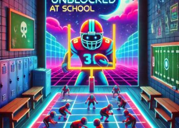 A neon-themed "Retro Bowl Unblocked at School" scene featuring glowing football players, a futuristic field, and a school backdrop with lockers.