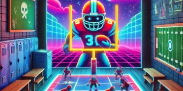 A neon-themed "Retro Bowl Unblocked at School" scene featuring glowing football players, a futuristic field, and a school backdrop with lockers.