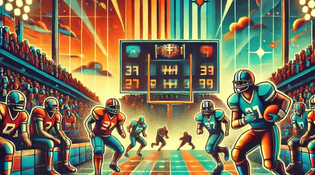 A retro bowl Google inspired scene showcasing pixelated football players, a vintage-style scoreboard, and a colorful football field.