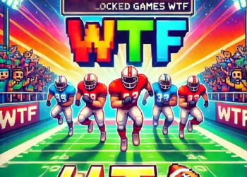 An energetic "Retro Bowl Unblocked Games WTF" design featuring retro pixelated football players, a bold scoreboard, and lively fans.