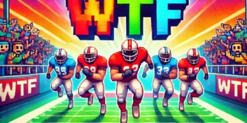 An energetic "Retro Bowl Unblocked Games WTF" design featuring retro pixelated football players, a bold scoreboard, and lively fans.