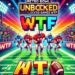 An energetic "Retro Bowl Unblocked Games WTF" design featuring retro pixelated football players, a bold scoreboard, and lively fans.